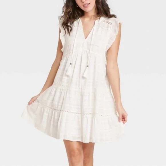 white peasant dress short Romantic Short Dress in White
